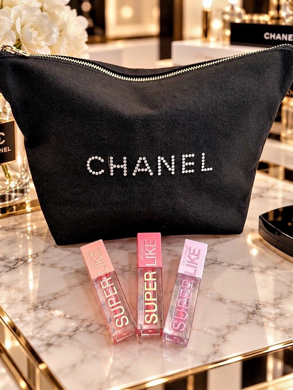 Chanel Authentic Cosmetic Beauty Bag + 3 Lip Glosses BNWOT